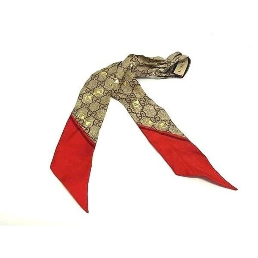 Gucci GG Pattern Ribbon Scarf | Greige & Red | Women's